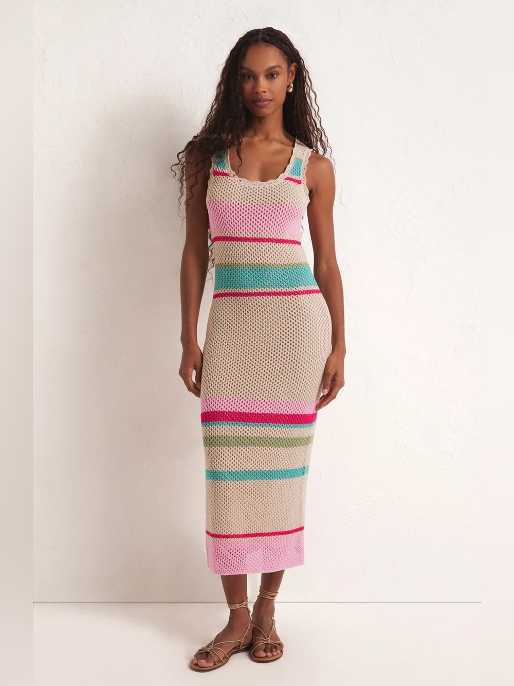 Z Supply Beige Knit Maxi Dress with Pink & Teal Stripe Accents
